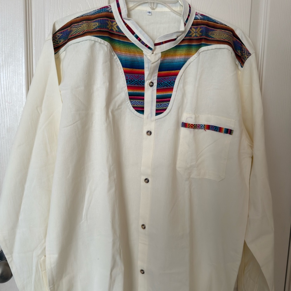 Cream Shirt with Colorful Patterned Accents